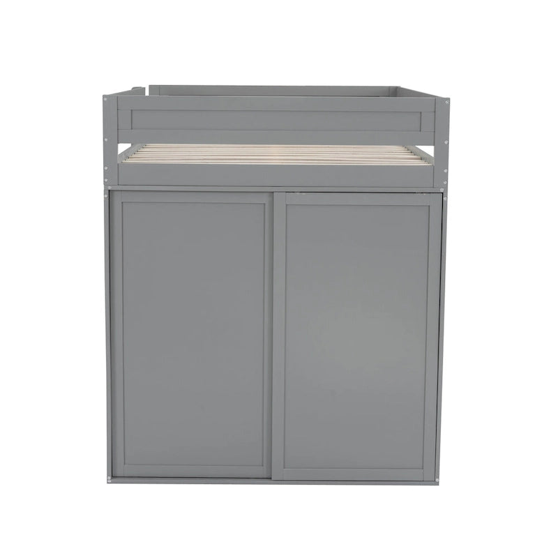 Letto a soppalco grigio full size con scrivania, armadio e cassetti, 1 persona
