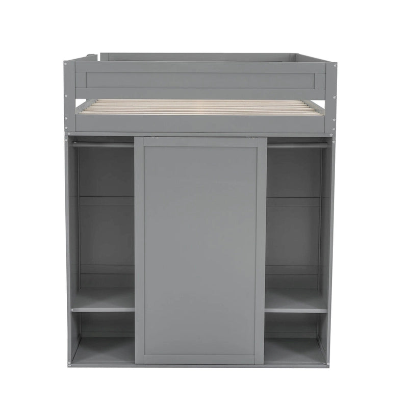 Letto a soppalco grigio full size con scrivania, armadio e cassetti, 1 persona
