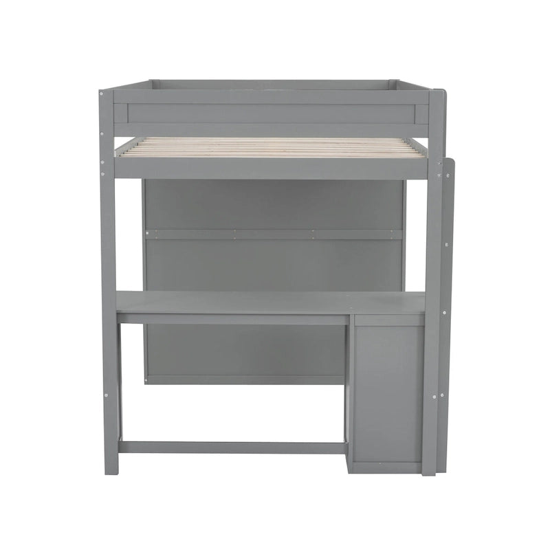 Letto a soppalco grigio full size con scrivania, armadio e cassetti, 1 persona