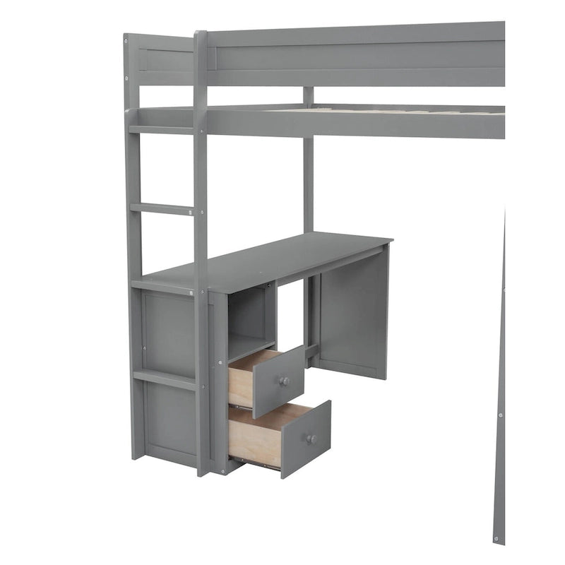 Letto a soppalco grigio full size con scrivania, armadio e cassetti, 1 persona