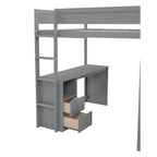 Letto a soppalco grigio full size con scrivania, armadio e cassetti, 1 persona
