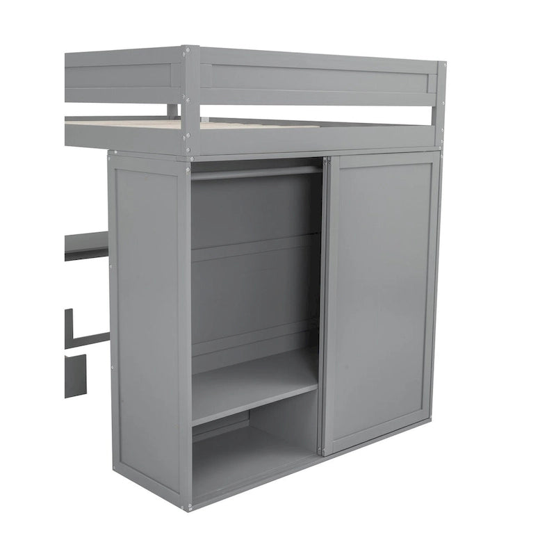 Letto a soppalco grigio full size con scrivania, armadio e cassetti, 1 persona