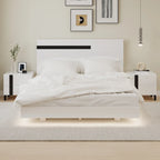 Letto matrimoniale Queen bianco lucido con illuminazione a LED e 2 comodini, per 1-2 persone