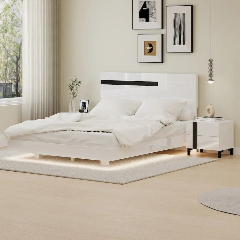 Letto matrimoniale Queen bianco lucido con illuminazione a LED e 2 comodini, per 1-2 persone