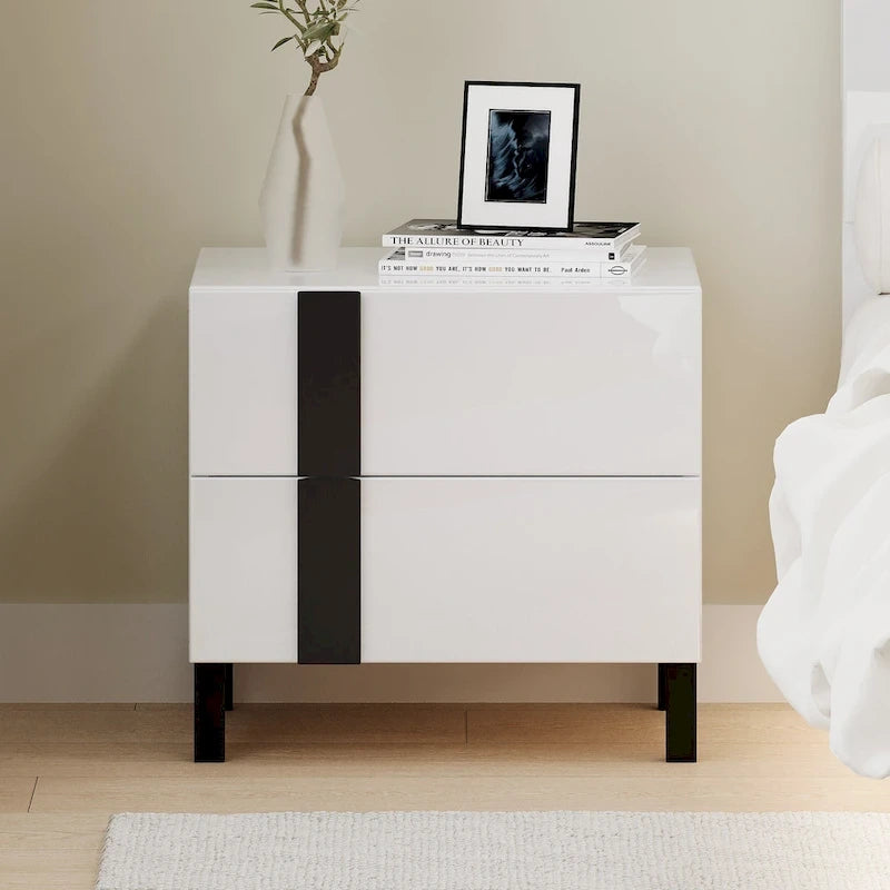 Letto matrimoniale Queen bianco lucido con illuminazione a LED e 2 comodini, per 1-2 persone
