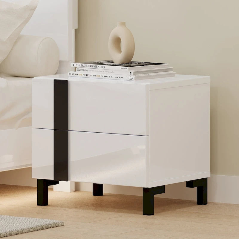 Letto matrimoniale Queen bianco lucido con illuminazione a LED e 2 comodini, per 1-2 persone