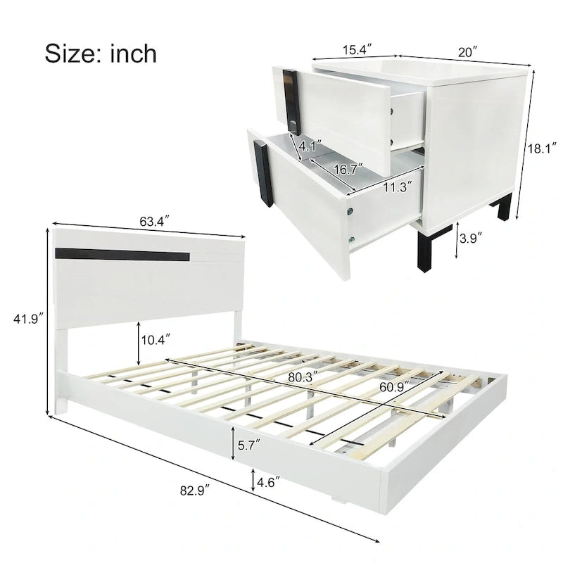 Letto matrimoniale Queen bianco lucido con illuminazione a LED e 2 comodini, per 1-2 persone