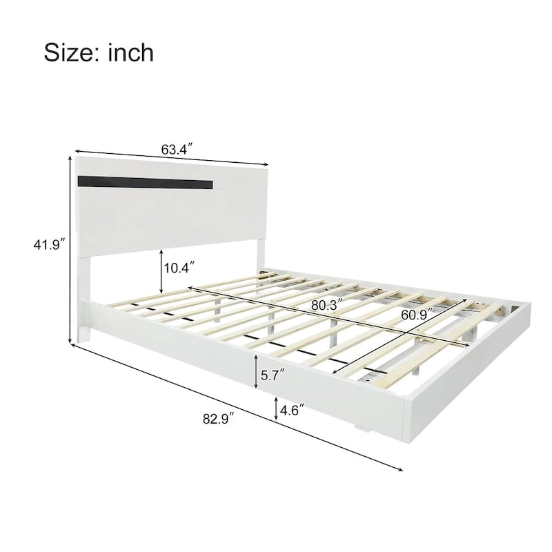 Letto matrimoniale Queen bianco lucido con illuminazione a LED e 2 comodini, per 1-2 persone