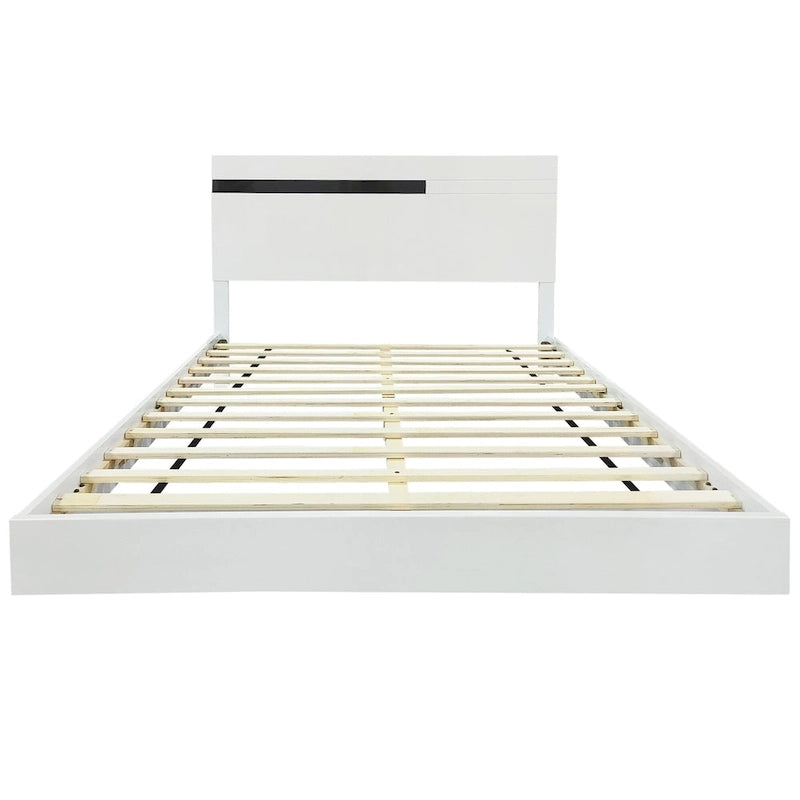 Letto matrimoniale Queen bianco lucido con illuminazione a LED e 2 comodini, per 1-2 persone