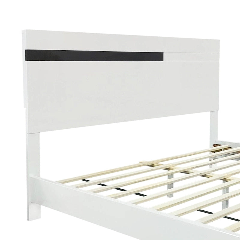 Letto matrimoniale Queen bianco lucido con illuminazione a LED e 2 comodini, per 1-2 persone