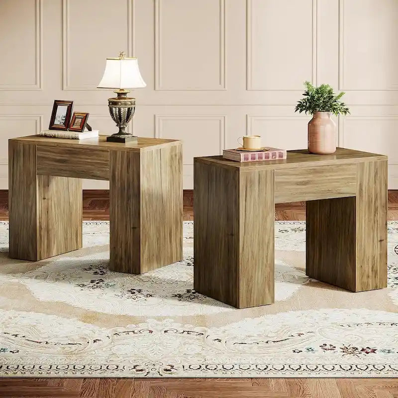 31.5  Farmhouse End Side Table, Mid-Century Modern Sofa Side Table with Wooden Pedestal