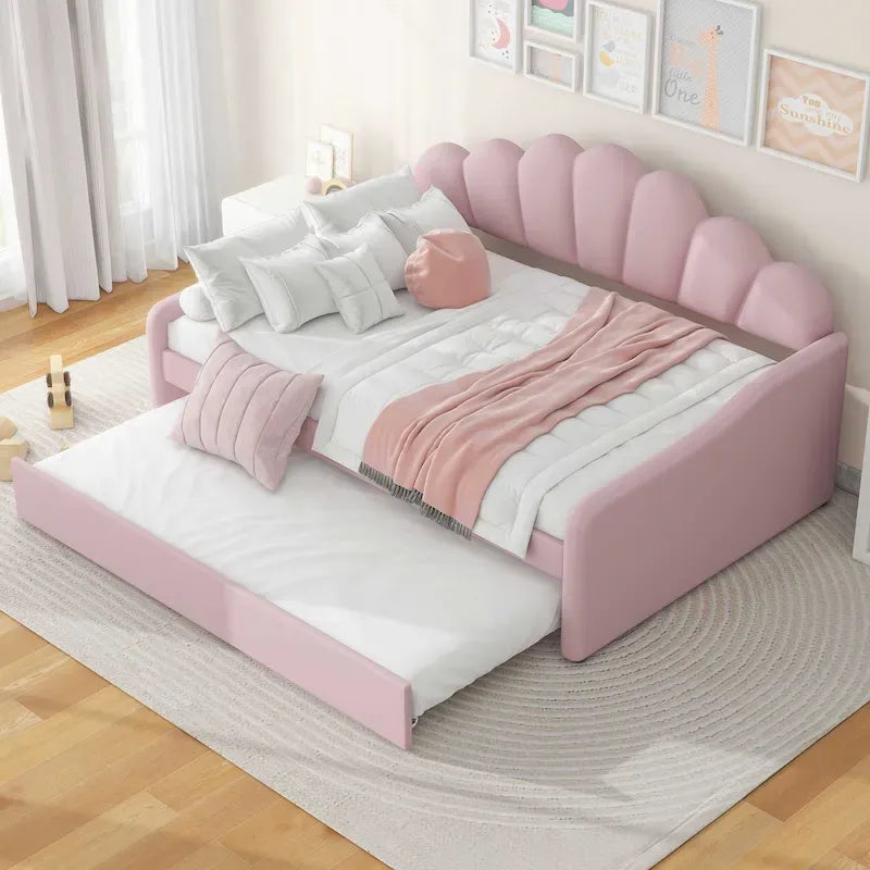 Daybed in Velluto Rosa, Dimensioni Matrimoniali, con Letto Estraibile, Schienale a Conchiglia, 2 Posti Letto