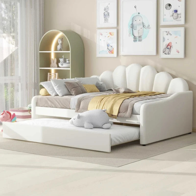Daybed in Velluto Rosa, Dimensioni Matrimoniali, con Letto Estraibile, Schienale a Conchiglia, 2 Posti Letto