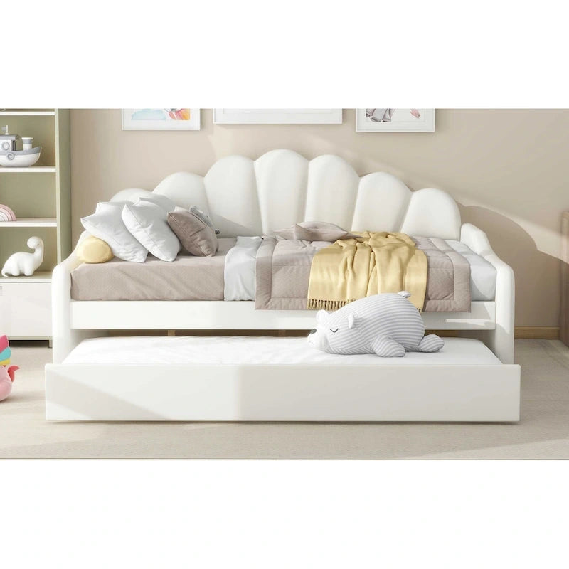 Daybed in Velluto Rosa, Dimensioni Matrimoniali, con Letto Estraibile, Schienale a Conchiglia, 2 Posti Letto