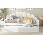 Daybed in Velluto Rosa, Dimensioni Matrimoniali, con Letto Estraibile, Schienale a Conchiglia, 2 Posti Letto