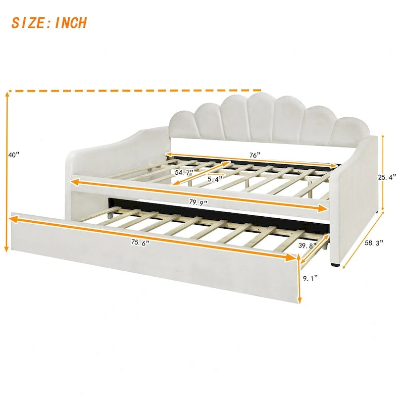 Daybed in Velluto Rosa, Dimensioni Matrimoniali, con Letto Estraibile, Schienale a Conchiglia, 2 Posti Letto