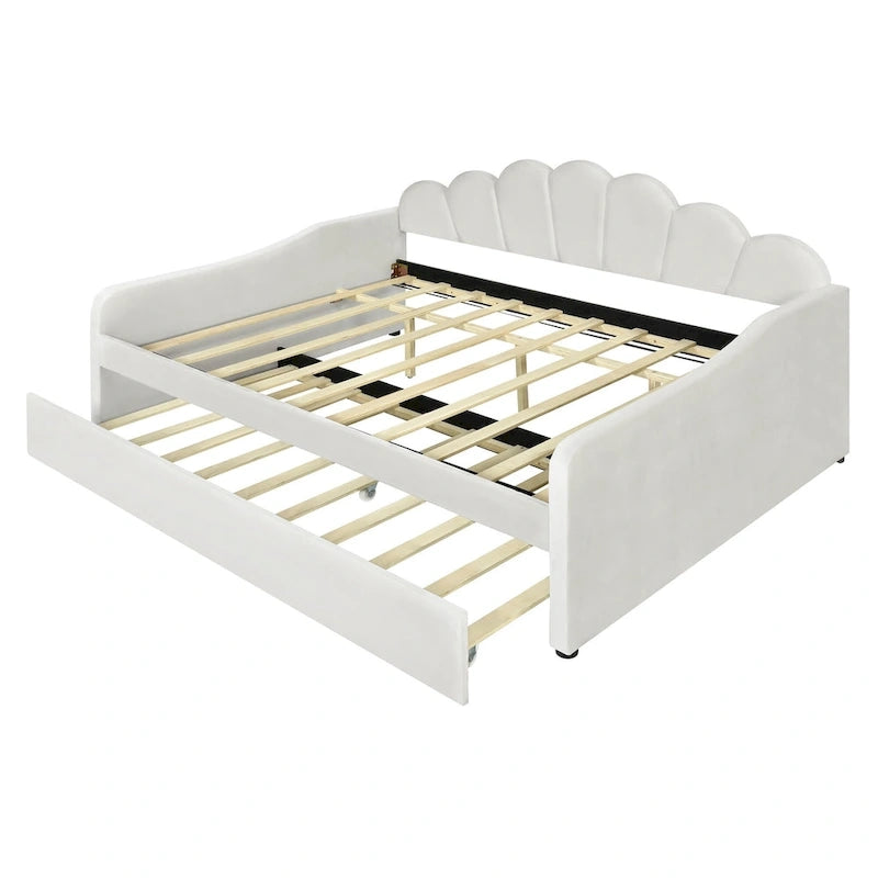 Daybed in Velluto Rosa, Dimensioni Matrimoniali, con Letto Estraibile, Schienale a Conchiglia, 2 Posti Letto