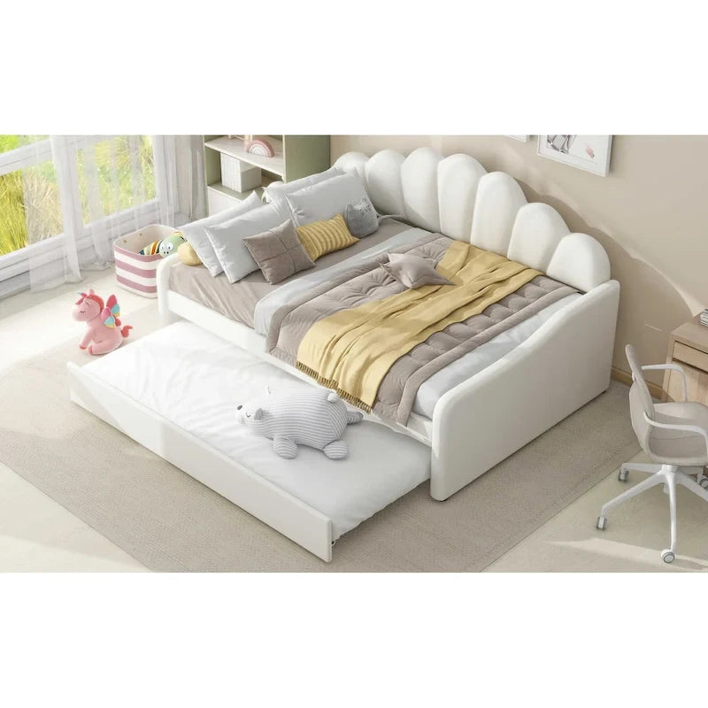 Daybed in Velluto Rosa, Dimensioni Matrimoniali, con Letto Estraibile, Schienale a Conchiglia, 2 Posti Letto