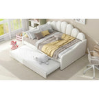 Daybed in Velluto Rosa, Dimensioni Matrimoniali, con Letto Estraibile, Schienale a Conchiglia, 2 Posti Letto