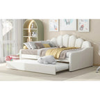 Daybed in Velluto Rosa, Dimensioni Matrimoniali, con Letto Estraibile, Schienale a Conchiglia, 2 Posti Letto