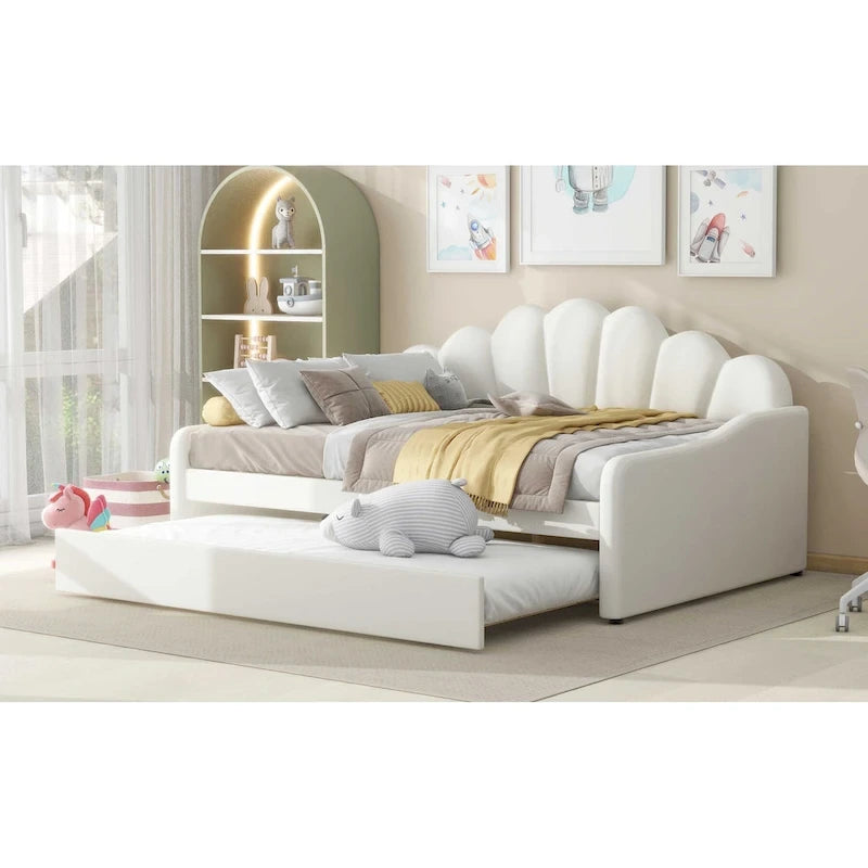 Daybed in Velluto Rosa, Dimensioni Matrimoniali, con Letto Estraibile, Schienale a Conchiglia, 2 Posti Letto