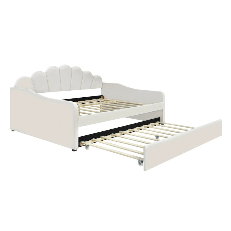 Daybed in Velluto Rosa, Dimensioni Matrimoniali, con Letto Estraibile, Schienale a Conchiglia, 2 Posti Letto