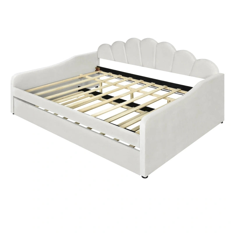 Daybed in Velluto Rosa, Dimensioni Matrimoniali, con Letto Estraibile, Schienale a Conchiglia, 2 Posti Letto