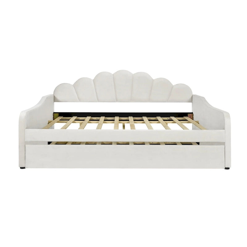 Daybed in Velluto Rosa, Dimensioni Matrimoniali, con Letto Estraibile, Schienale a Conchiglia, 2 Posti Letto
