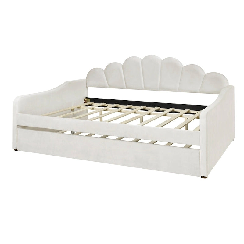 Daybed in Velluto Rosa, Dimensioni Matrimoniali, con Letto Estraibile, Schienale a Conchiglia, 2 Posti Letto