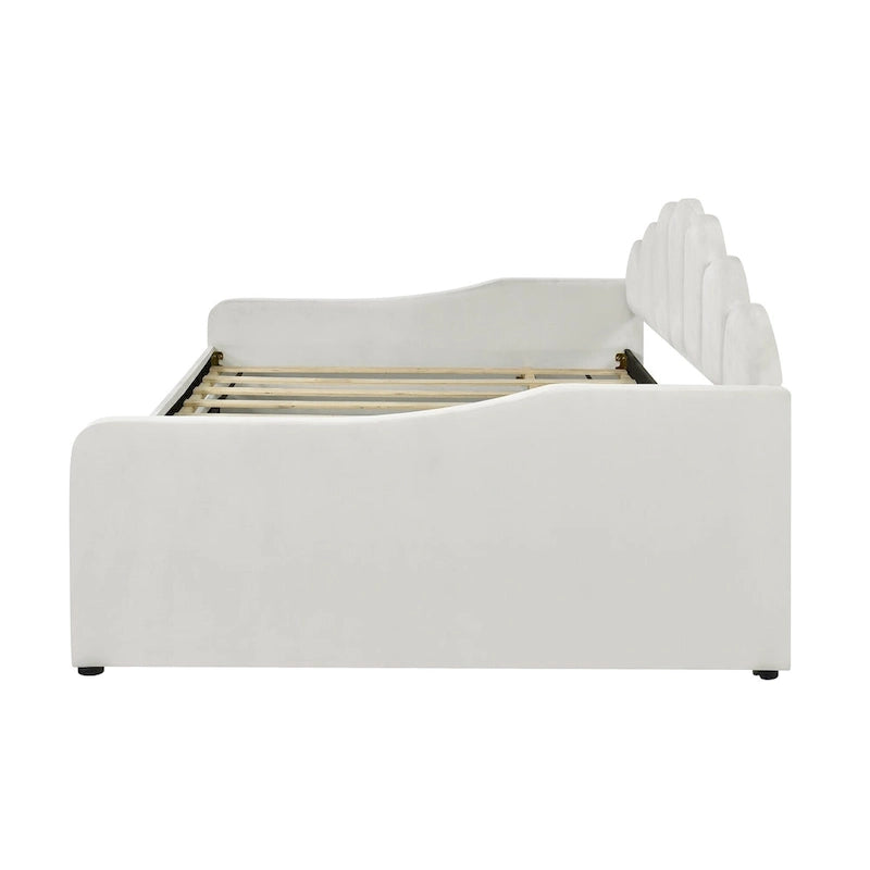 Daybed in Velluto Rosa, Dimensioni Matrimoniali, con Letto Estraibile, Schienale a Conchiglia, 2 Posti Letto