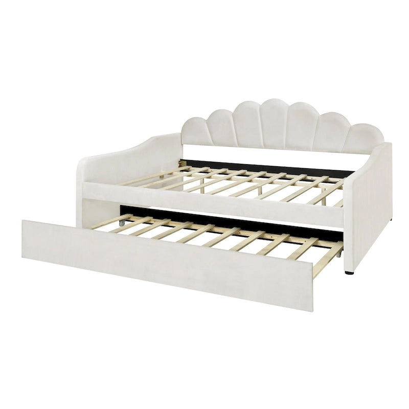 Daybed in Velluto Rosa, Dimensioni Matrimoniali, con Letto Estraibile, Schienale a Conchiglia, 2 Posti Letto