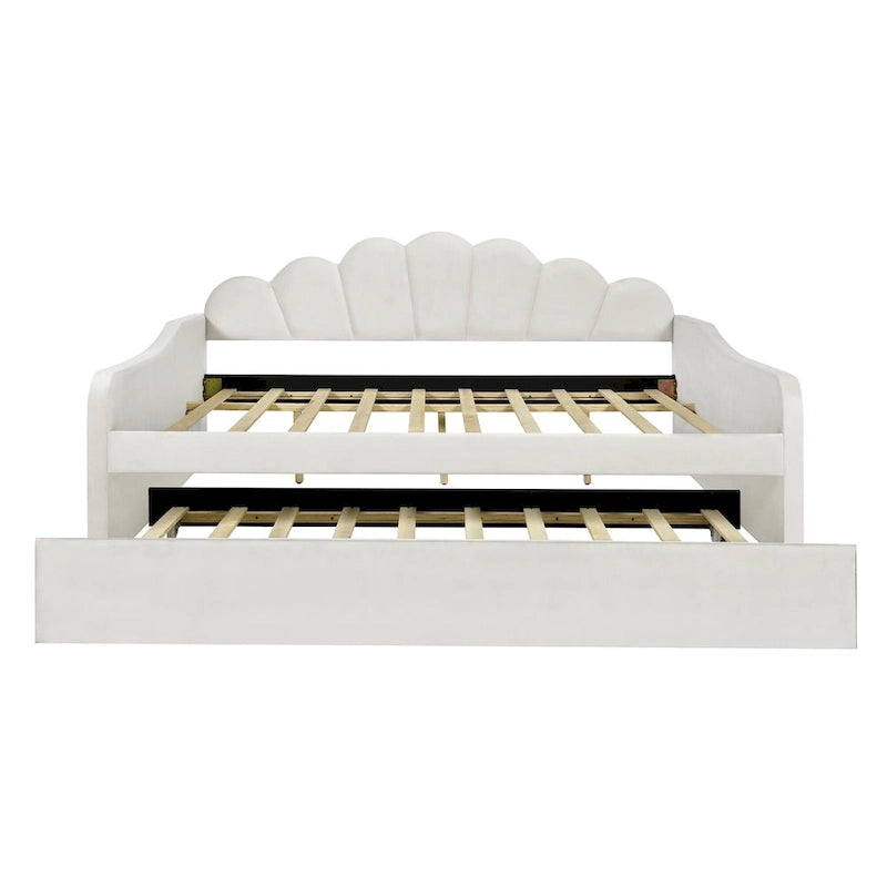 Daybed in Velluto Rosa, Dimensioni Matrimoniali, con Letto Estraibile, Schienale a Conchiglia, 2 Posti Letto