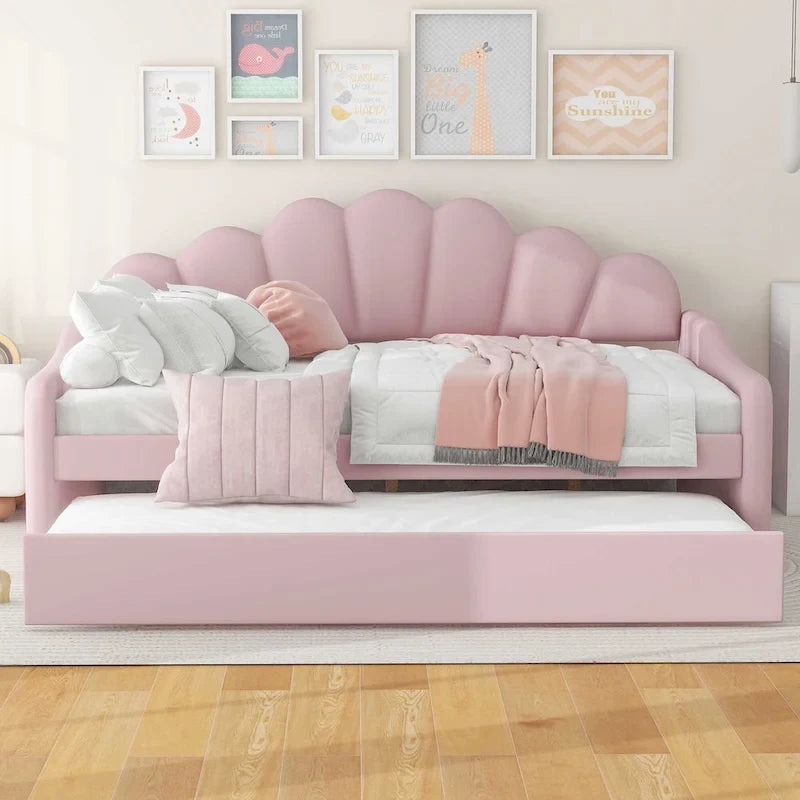 Daybed in Velluto Rosa, Dimensioni Matrimoniali, con Letto Estraibile, Schienale a Conchiglia, 2 Posti Letto