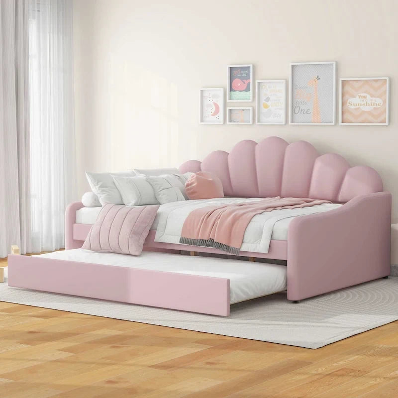 Daybed in Velluto Rosa, Dimensioni Matrimoniali, con Letto Estraibile, Schienale a Conchiglia, 2 Posti Letto