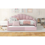 Daybed in Velluto Rosa, Dimensioni Matrimoniali, con Letto Estraibile, Schienale a Conchiglia, 2 Posti Letto