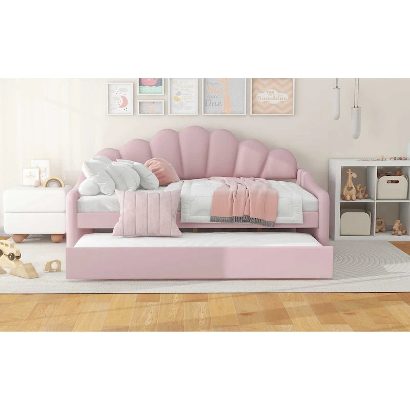 Daybed in Velluto Rosa, Dimensioni Matrimoniali, con Letto Estraibile, Schienale a Conchiglia, 2 Posti Letto