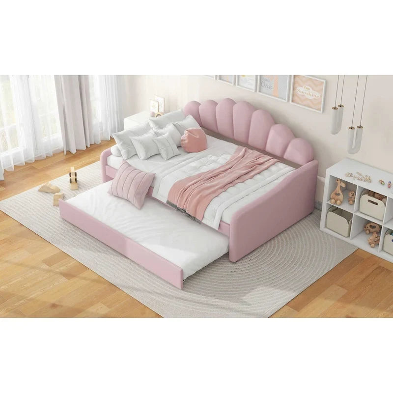 Daybed in Velluto Rosa, Dimensioni Matrimoniali, con Letto Estraibile, Schienale a Conchiglia, 2 Posti Letto