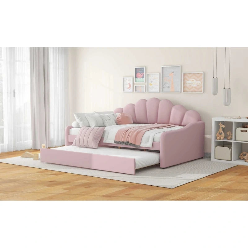 Daybed in Velluto Rosa, Dimensioni Matrimoniali, con Letto Estraibile, Schienale a Conchiglia, 2 Posti Letto