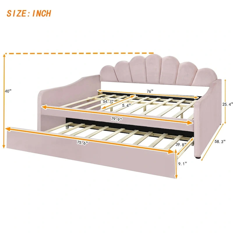 Daybed in Velluto Rosa, Dimensioni Matrimoniali, con Letto Estraibile, Schienale a Conchiglia, 2 Posti Letto