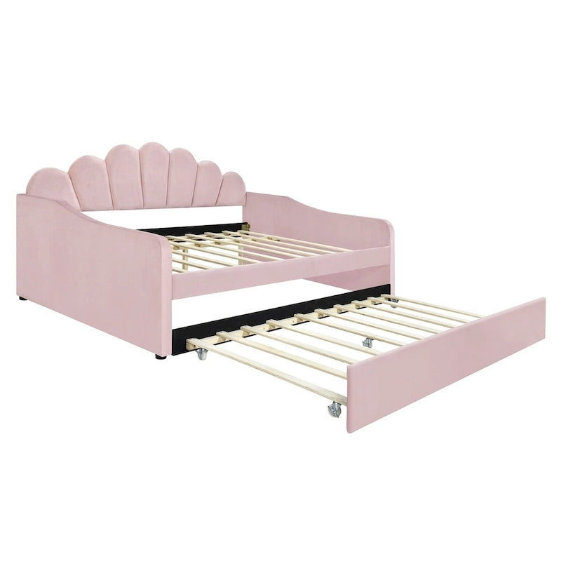 Daybed in Velluto Rosa, Dimensioni Matrimoniali, con Letto Estraibile, Schienale a Conchiglia, 2 Posti Letto