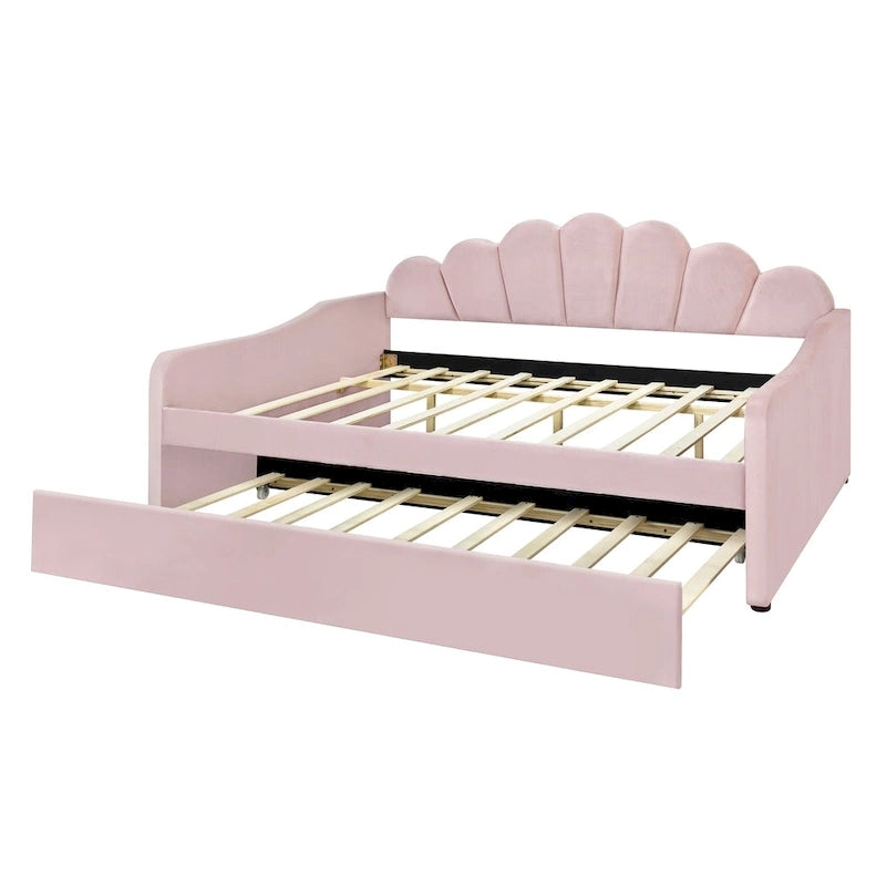Daybed in Velluto Rosa, Dimensioni Matrimoniali, con Letto Estraibile, Schienale a Conchiglia, 2 Posti Letto