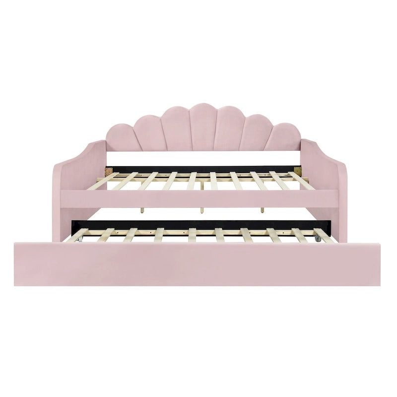 Daybed in Velluto Rosa, Dimensioni Matrimoniali, con Letto Estraibile, Schienale a Conchiglia, 2 Posti Letto