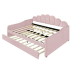 Daybed in Velluto Rosa, Dimensioni Matrimoniali, con Letto Estraibile, Schienale a Conchiglia, 2 Posti Letto