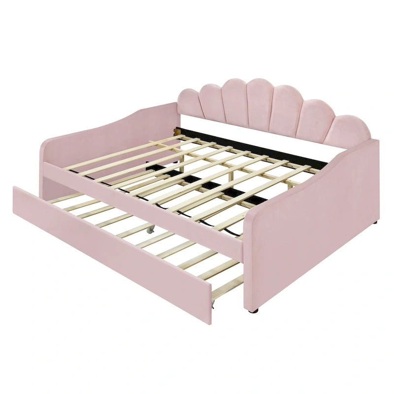 Daybed in Velluto Rosa, Dimensioni Matrimoniali, con Letto Estraibile, Schienale a Conchiglia, 2 Posti Letto