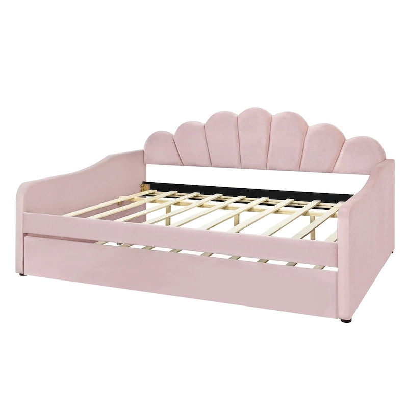 Daybed in Velluto Rosa, Dimensioni Matrimoniali, con Letto Estraibile, Schienale a Conchiglia, 2 Posti Letto