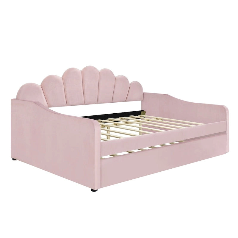 Daybed in Velluto Rosa, Dimensioni Matrimoniali, con Letto Estraibile, Schienale a Conchiglia, 2 Posti Letto