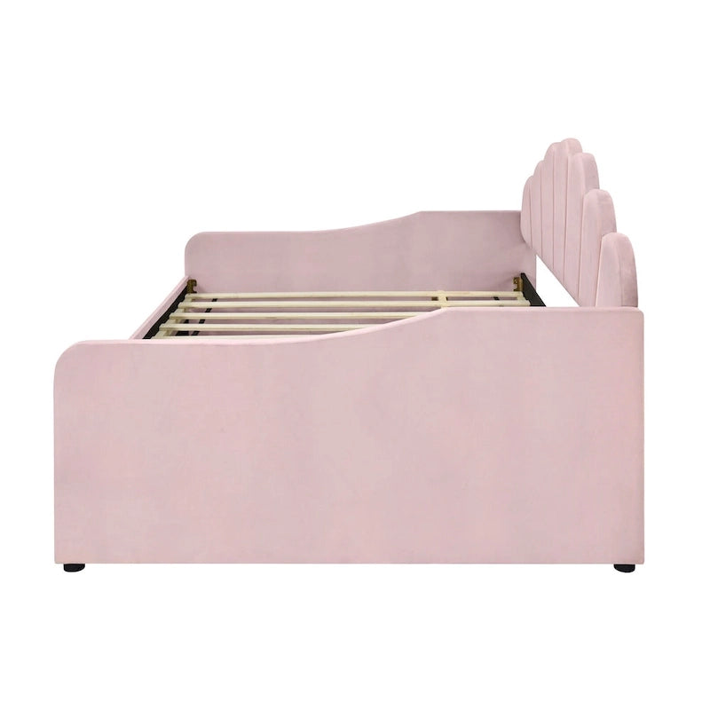 Daybed in Velluto Rosa, Dimensioni Matrimoniali, con Letto Estraibile, Schienale a Conchiglia, 2 Posti Letto