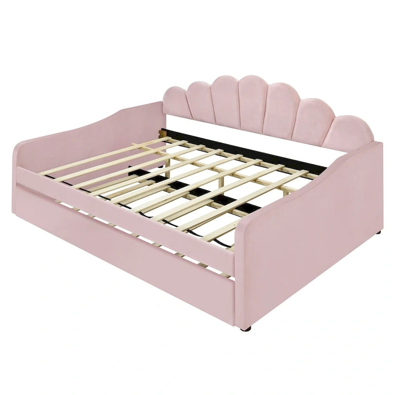Daybed in Velluto Rosa, Dimensioni Matrimoniali, con Letto Estraibile, Schienale a Conchiglia, 2 Posti Letto