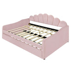 Daybed in Velluto Rosa, Dimensioni Matrimoniali, con Letto Estraibile, Schienale a Conchiglia, 2 Posti Letto
