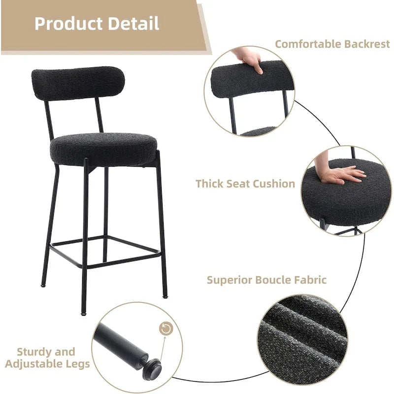 Sgabelli da bancone/bar in bouclé bianco/nero/marrone con schienale e poggiapiedi, set da 2